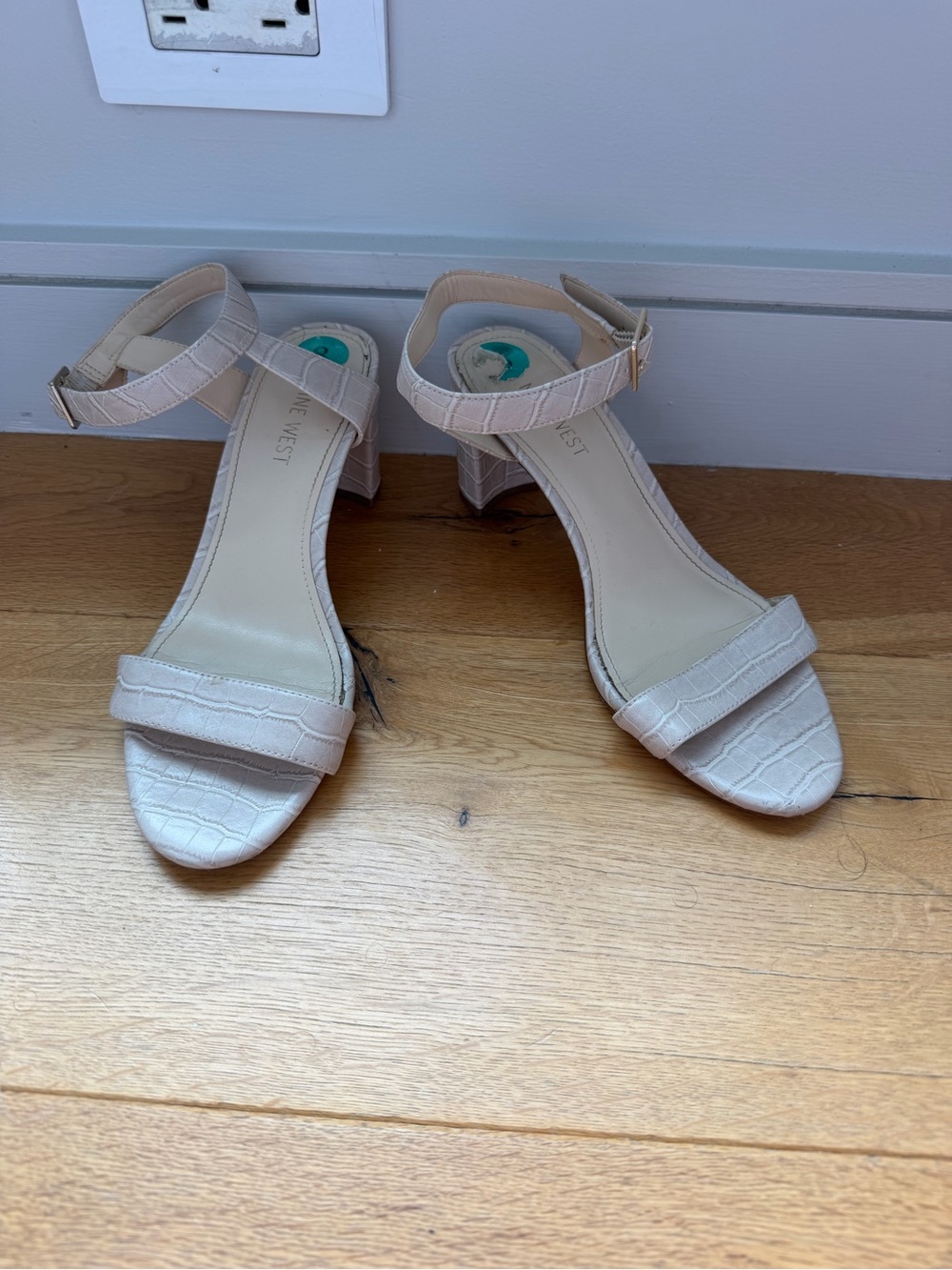 Nine West Cream Croc-Embossed Ankle Strap Block Heel Sandals